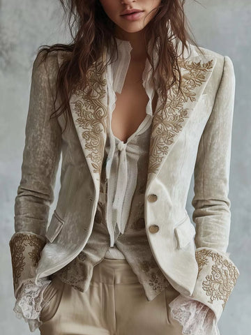 Embroidered Velvet Long Sleeve Blazer