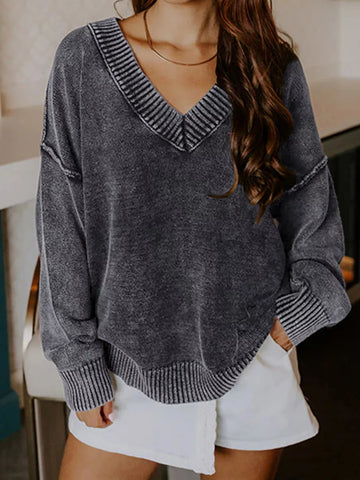 Wash V-Neck Long Sleeve Sweater