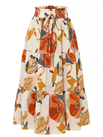 Full Size Floral Print Tiered Ruffle Midi Skirt Plus Size