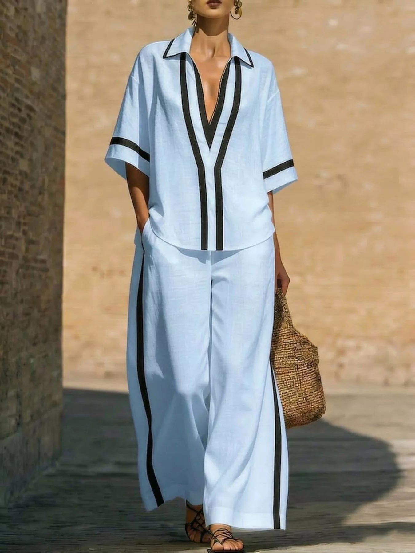 Full Size Contrast Trim Top and Pants Set Plus Size selected from Coordinated Sets for Two Pieces, One Point of View: The Coordinated Set Edit