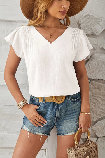 Ruched V Neck Flounce Sleeve Blouse