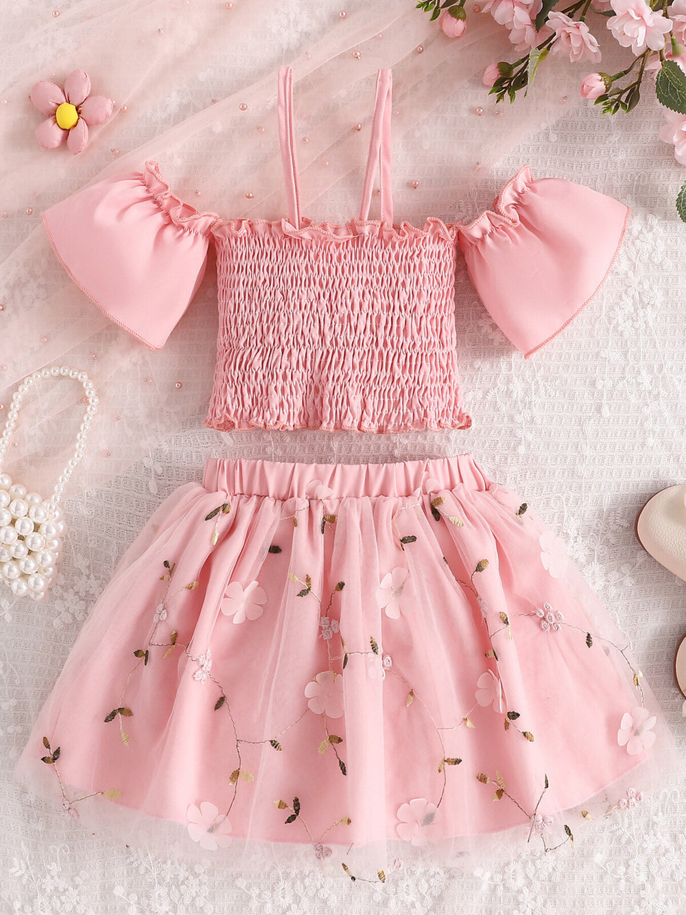 Children's Smocked Top & Bow Decor Tulle Skirt Set