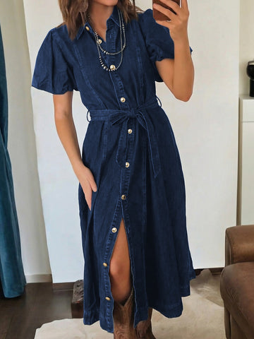 Belted Button-Down Midi Denim Dress