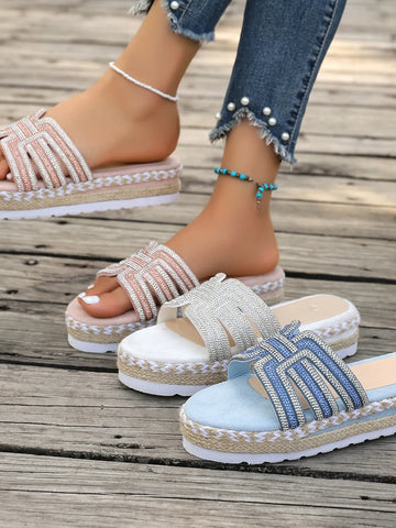 Rhinestone Embellished Platform Espadrille Sandals