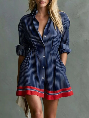 Striped Button-Down Shirt Dress with Contrast Hem