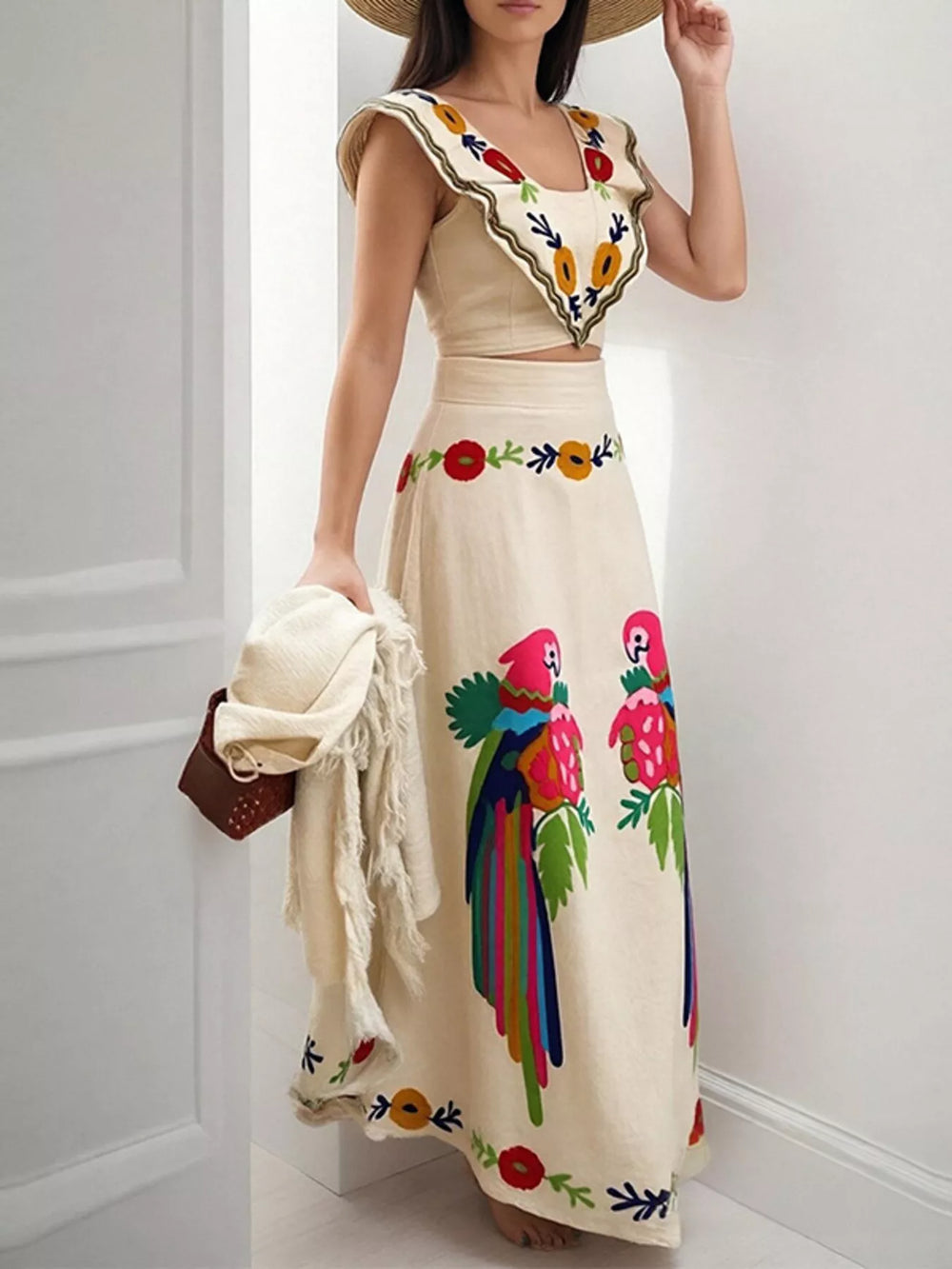 Parrot Crop Top and Maxi Skirt Set