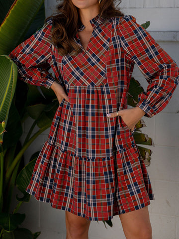 Plaid Print Frilly Collar Long Sleeve Shift Mini Dress