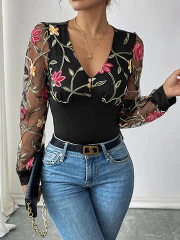 Perfee Embroidered V Neck Bodysuit