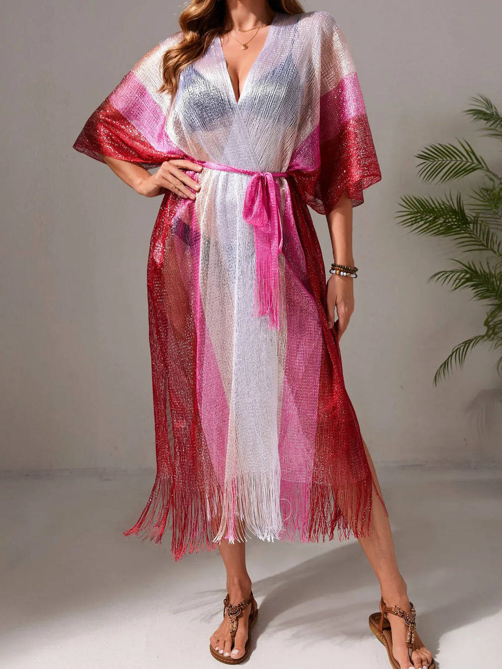Gradient Fringe Kimono Cover Up