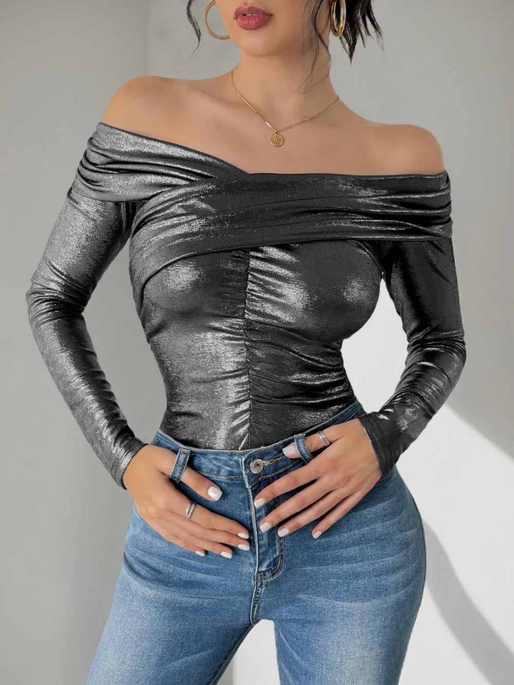 Perfee Ruched Off Shoulder Bodysuit