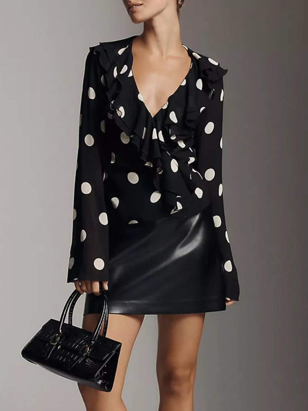 Polka Dot Ruffle V Neck Blouse