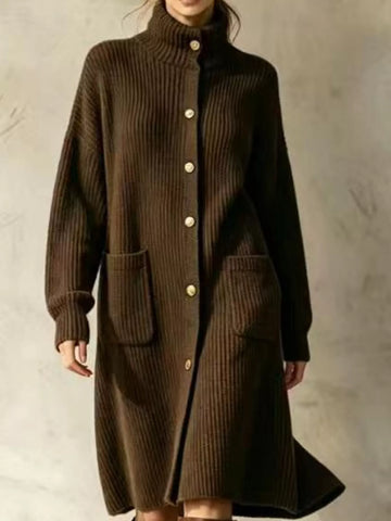 Ribbed Knit Turtleneck Button Up Longline Cardigan