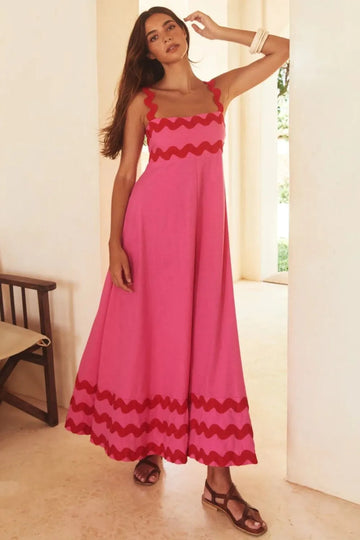 Contrast Trim Square Neck Wide Strap Maxi Dress