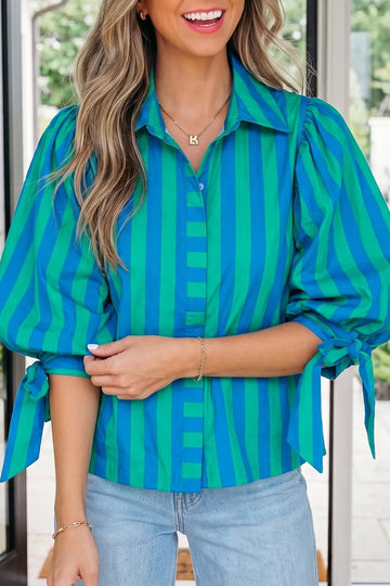 Stripe Tie Puff Sleeve Button Front Shirt