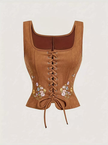Floral Embroidered Lace-Up Vest Coat