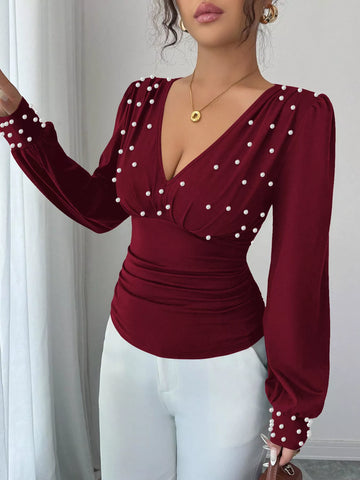 Pearl Embellished V Neck Blouse