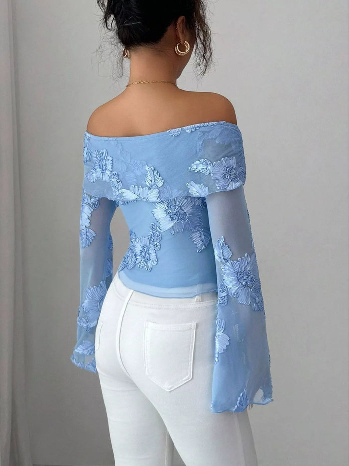Floral Off Shoulder Mesh Blouse