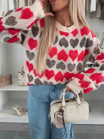 Heart-Patterned Round Neck Sweater