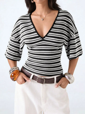 Striped V-Neck Knit Top