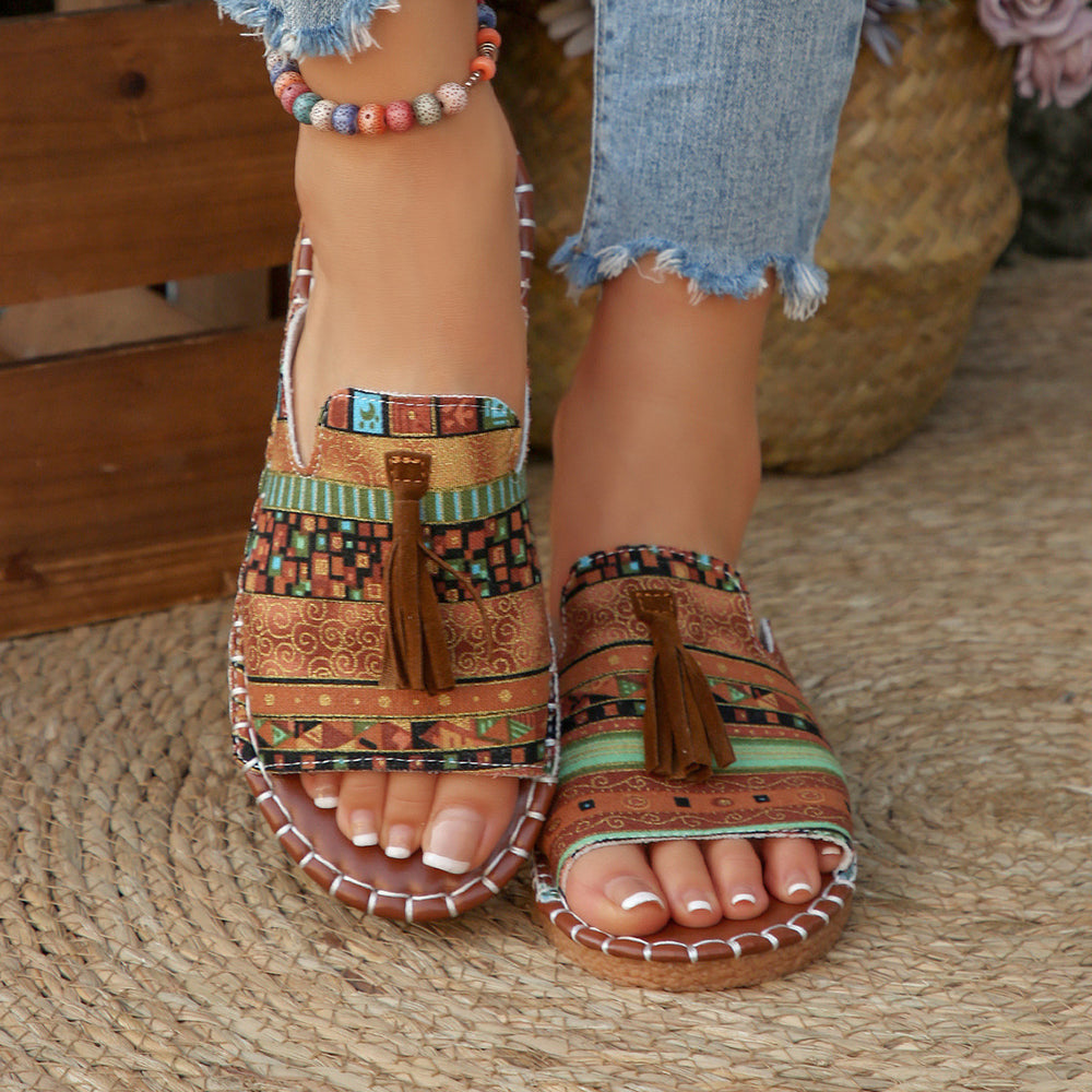 Tassel-Detail Open-Toe Flat Sandals