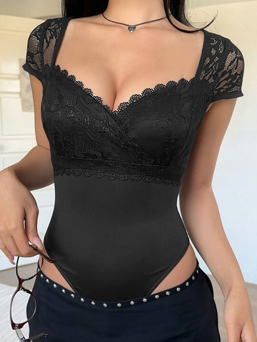 Lace Sweetheart Cap Sleeve Bodysuit