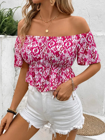 Perfee Peplum Printed Off Shoulder Short Sleeve Blouse