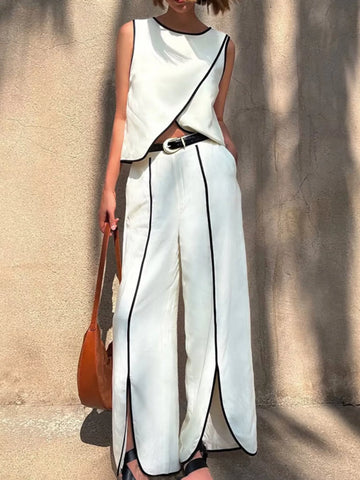 Contrast Trim Sleeveless Top & Wide Leg Pants Set