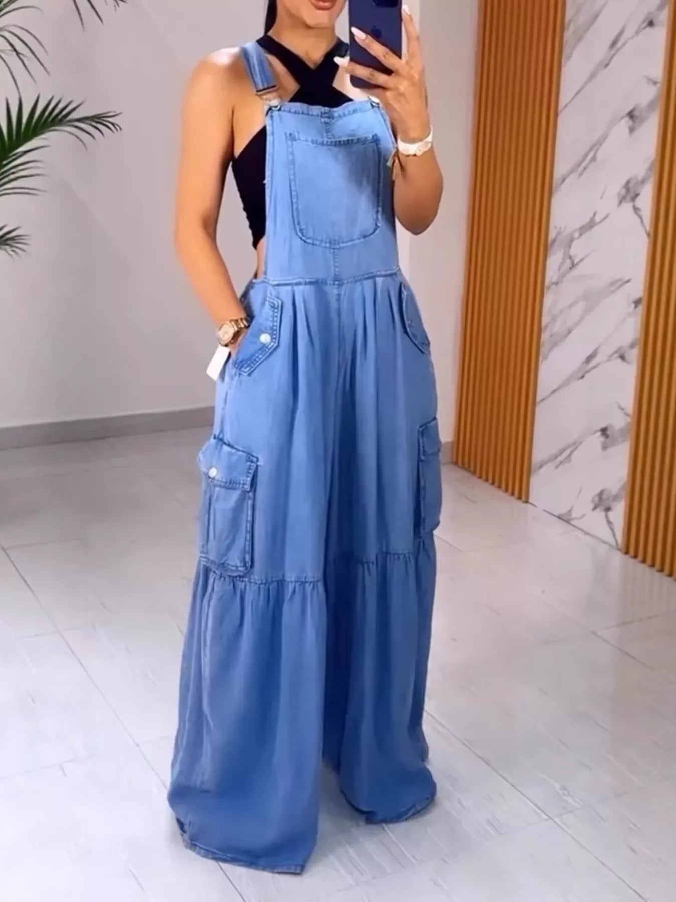 Full Size Pocketed Wide Leg Denim Overalls Plus Size selected from Curve Icons for Designed to Be Seen: The Curve Icons Edit