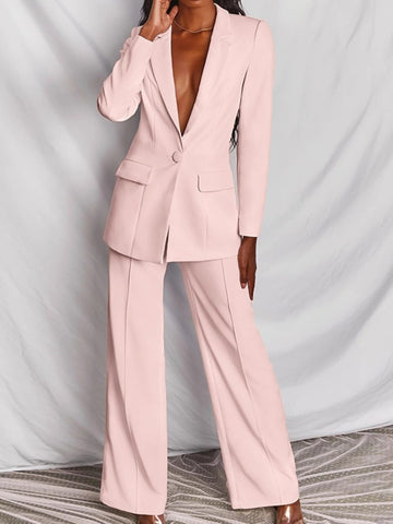 Full Size One Button Blazer and Wide-Leg Pants Set Plus Size