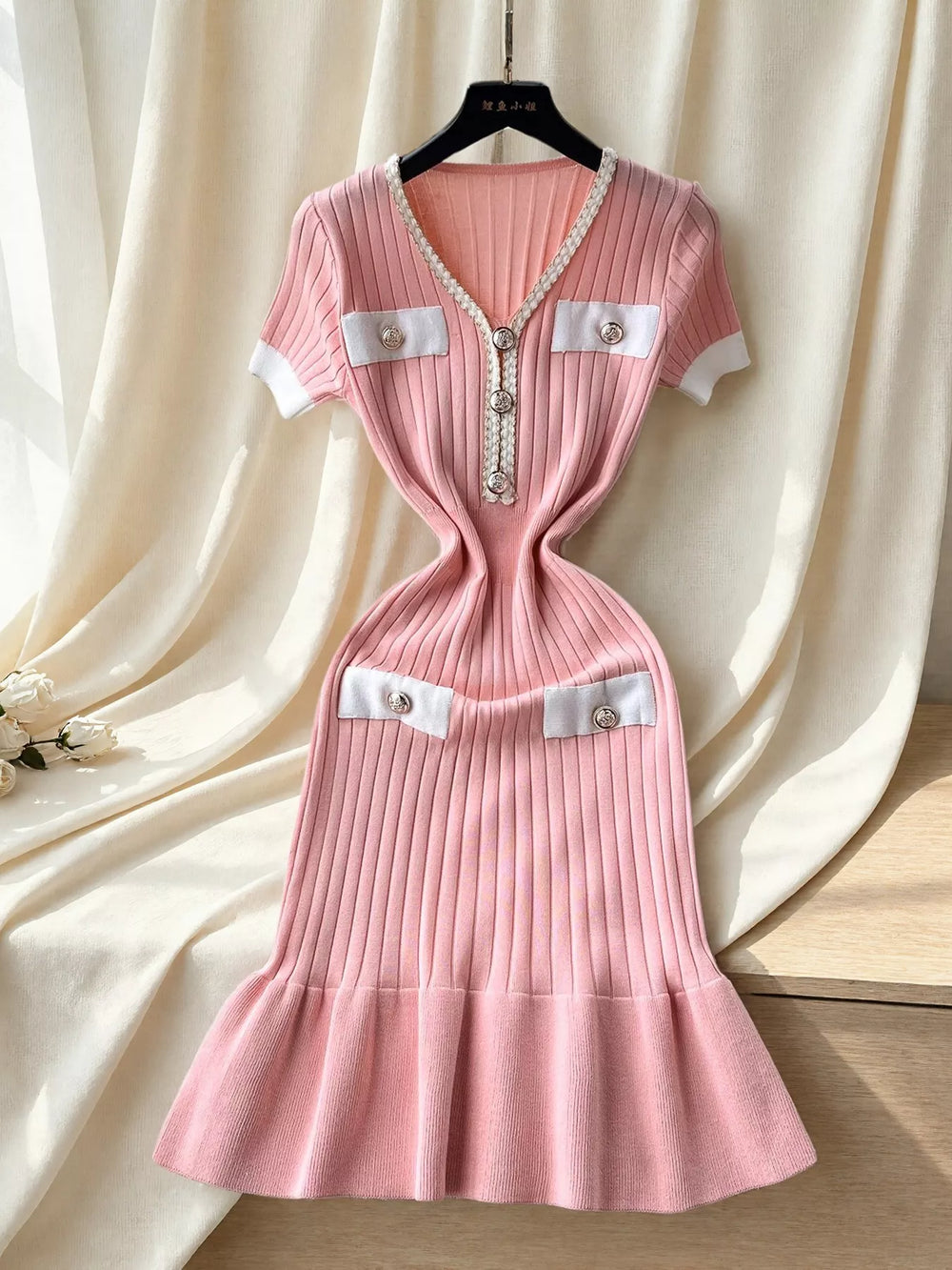 Ruffled Hem V-Neck Ribbed Knit Dress