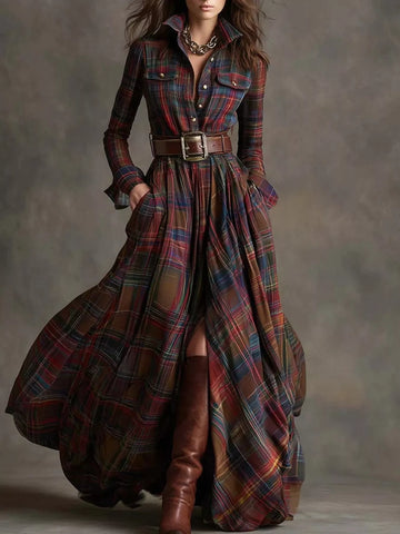 Full Size Plaid Long Sleeve Shirt Maxi Dress Plus Size