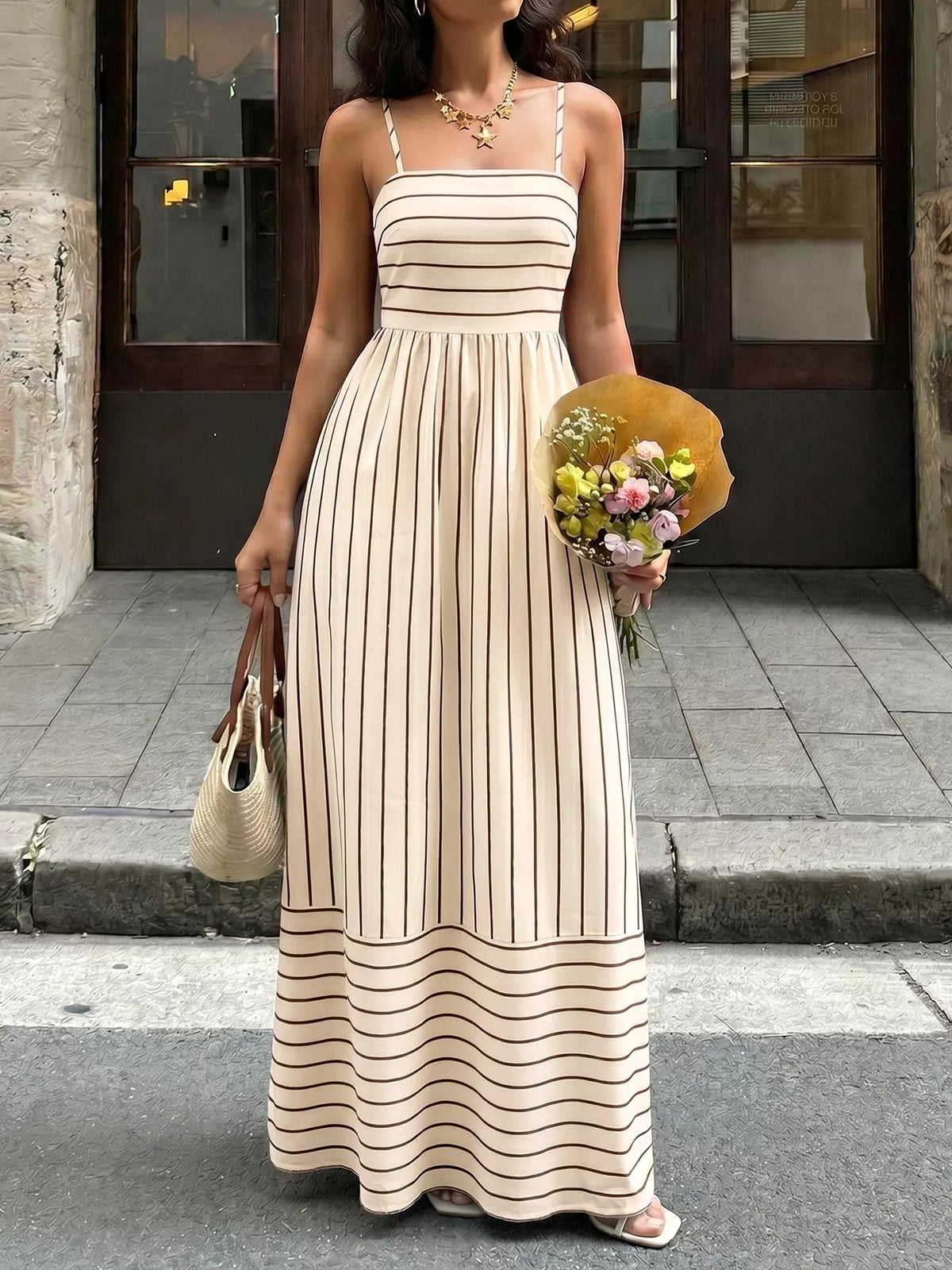Striped Print Spaghetti Strap Maxi Dress