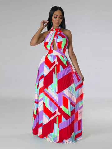 Geometric Halter Pleated Maxi Dress