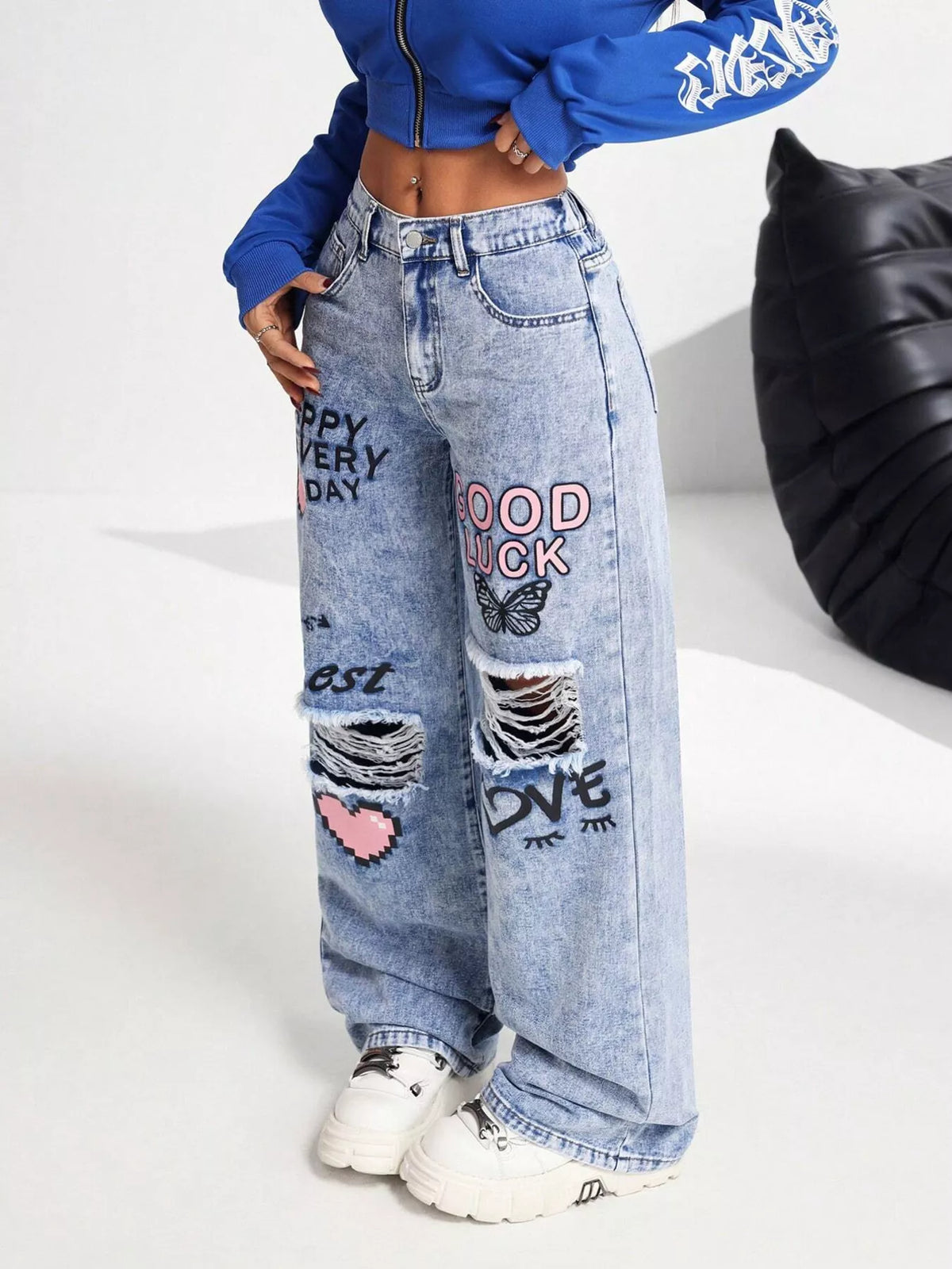 Graffiti Ripped Wide-Leg Jeans