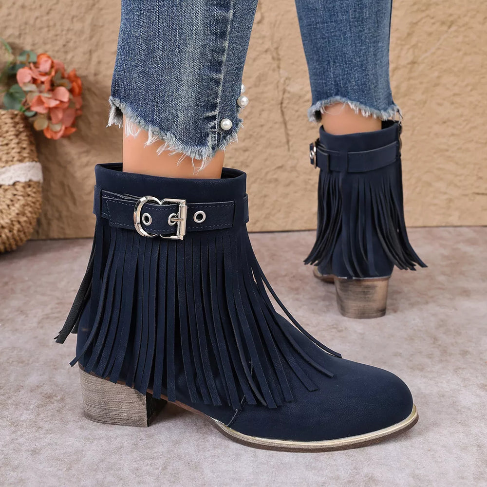 Fringe Ankle Boots with Buckle Detail