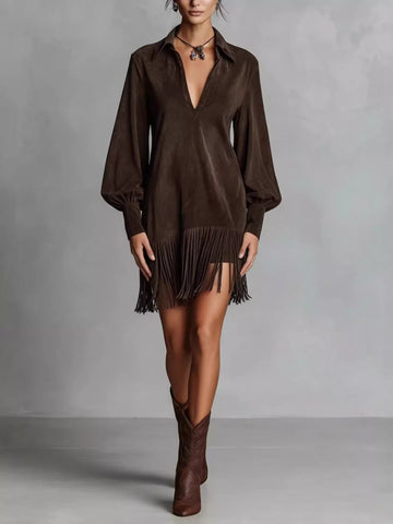 Fringed Lantern Sleeve Dress