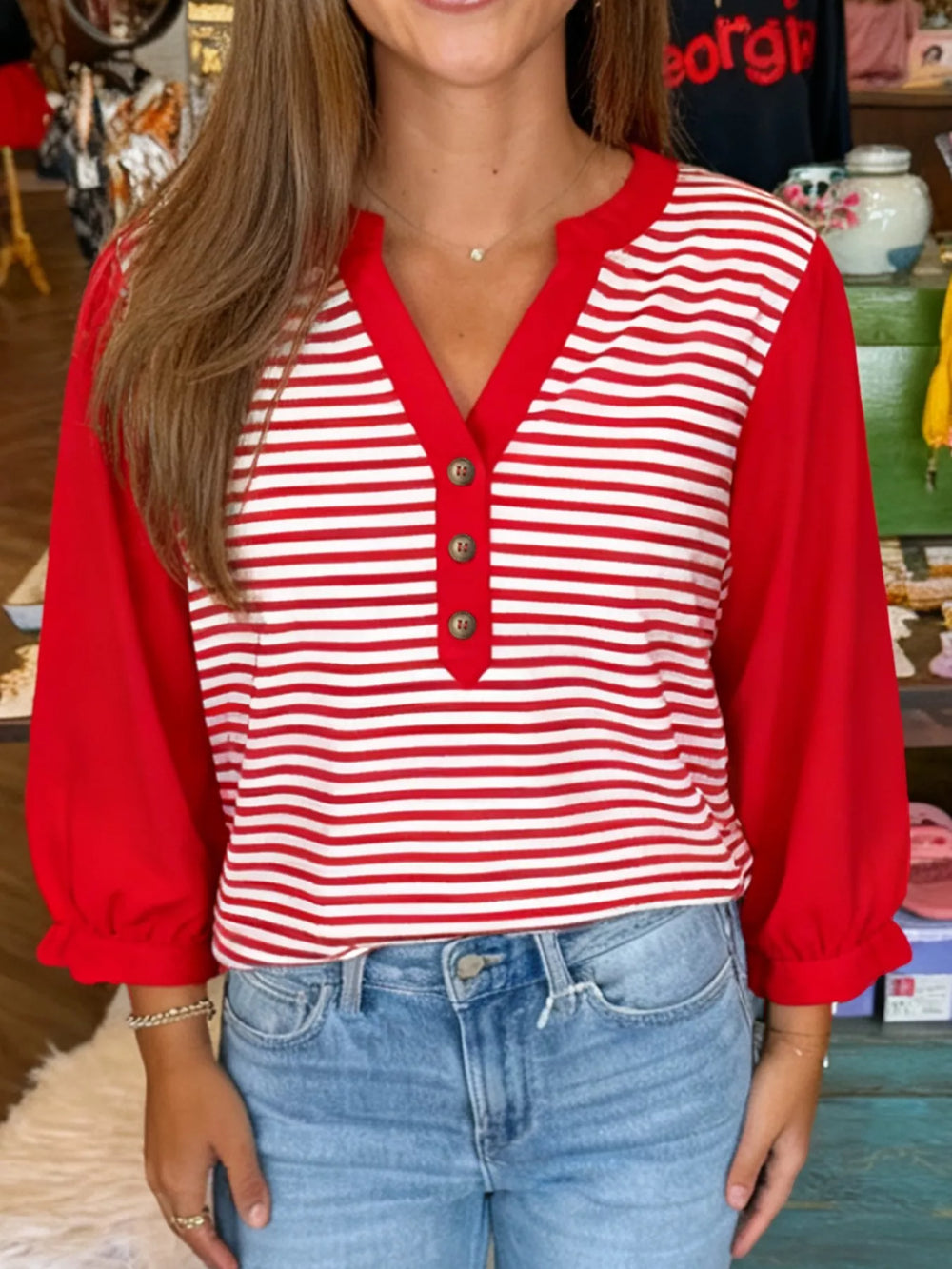 Striped Button Detail Long Sleeve Top