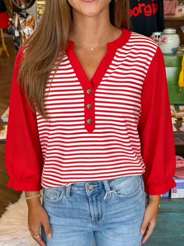 Striped Button Detail Long Sleeve Top