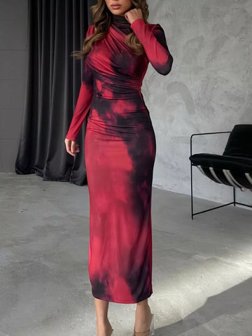 Mock Neck Long Sleeve Tie-Dye Bodycon Dress