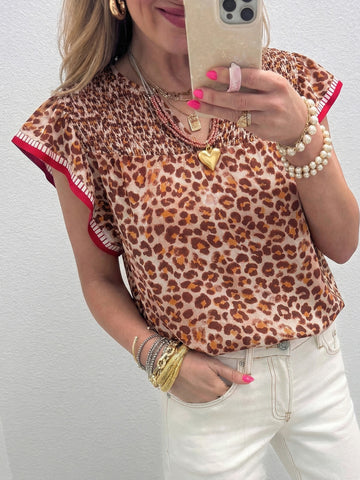 Leopard Print Smocked Notched Blouse
