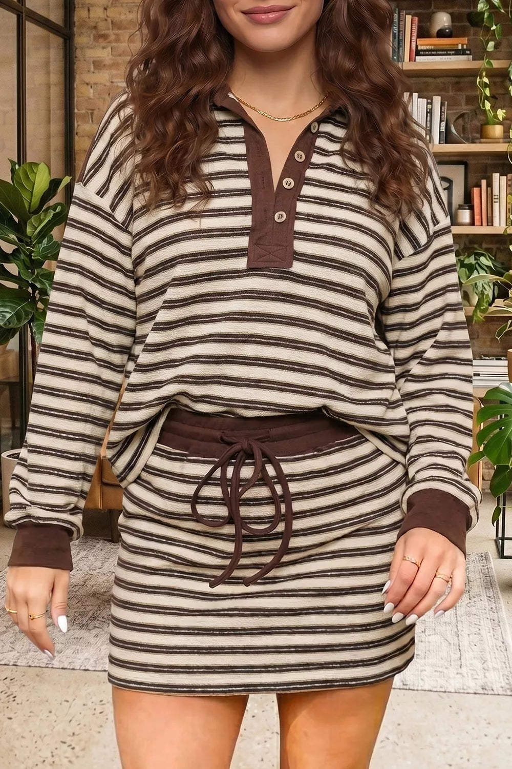 Stripe Contrast-Trim Top & Mini Skirt Set