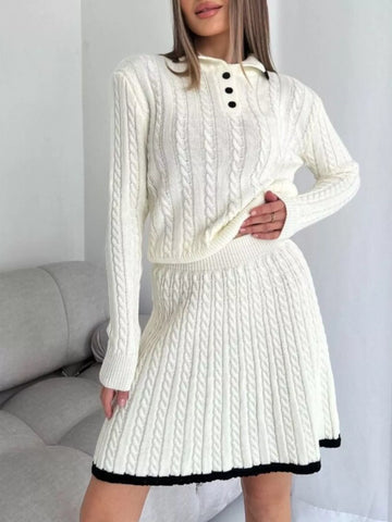 Cable Knit Long Sleeve Top and Skirt Sweater Set