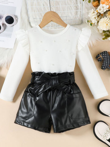 Children's Ruffled Pearl Embellished Top & Faux Leather Shorts Set with Belt