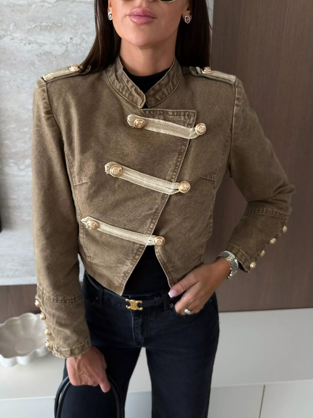 Button Detail Cropped Denim Jacket