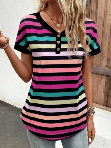 Striped V Neck Short Sleeve T-Shirt