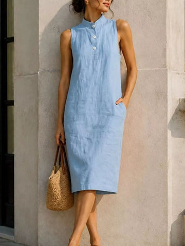 Button Detail Sleeveless Midi Dress
