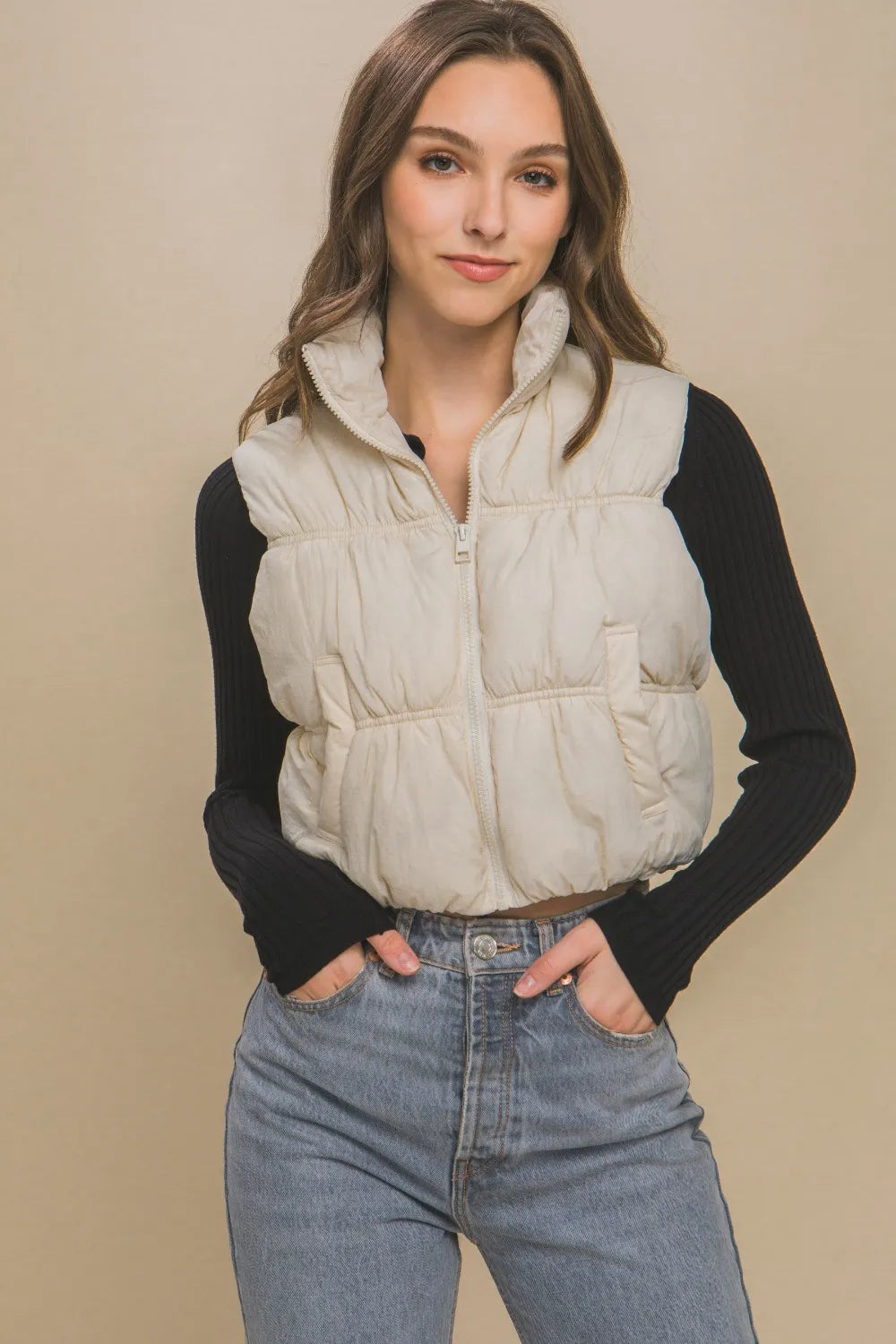 Love Tree Zip-Up Turtleneck Cropped Puffer Vest