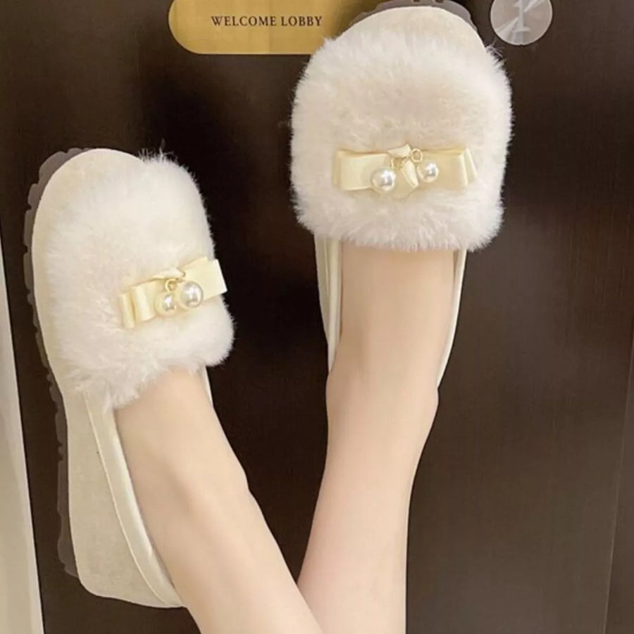 Fuzzy Pearl Bowknot Slip Ons