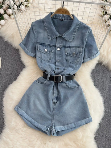 Button Front Short Sleeve Denim Romper