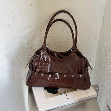 Buckle Detail Leather Shoulder Bag